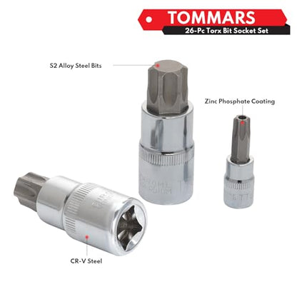 TOMMARS 26-PC Torx Socket Set, Torx Star Tamper Proof Security Bit - style: Torx and Torx Tamper Proof Bit Socket