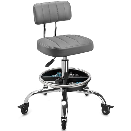 Garage Mechanic Stool with Backrest, Height Adjustable Heavy Duty Swivel Task Chair, Rolling Workshop Stool with Tool Tray Storage, Mechanic Chair for Garage, Shop, Auto Repair (Grey) - color: Grey