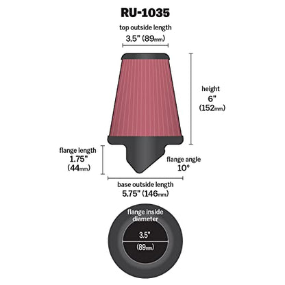 K&N High-Flow Original Lifetime Universal Clamp-On Air Filter: High Performance, Premium, Washable: Flange Diameter: 3.5 In, Filter Height: 6 In, Flange Length: 1.75 In, Shape: Round Tapered, RU-1035