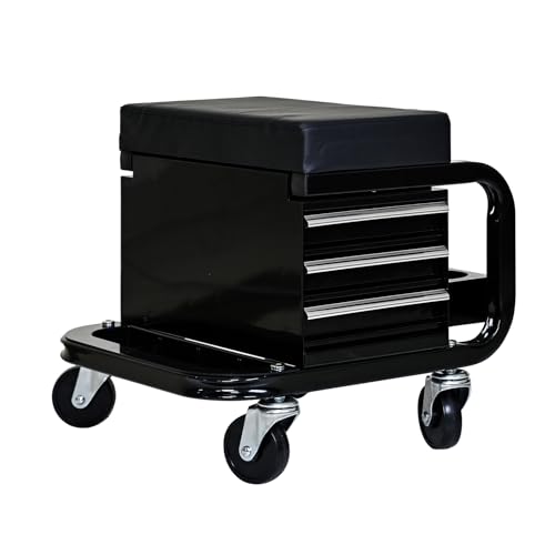Rolling Mechanic Stool with Wheels, Creeper Seat with 3 Built-in Tool Drawers, Side Tool Tray & Rear Bottle Tray for Shop & Work, Garage Use (14" L × 16" W × 14" H) - color: Black W/ 3 Slide Drawers