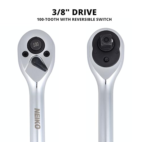NEIKO 3/8 Inch Ratchet Wrench, 100-Tooth Reversible, 3.6 Degree Swing, Quick Release, 8" Long Handle, Silver Chrome Vanadium Steel - size: 3/8" Drive, style: Ratchet