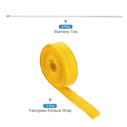 MECCANIXITY Fiberglass Exhaust Wrap Tape 1" x 16' Yellow with 4 Ties - color: Yellow, size: 1" x 16'