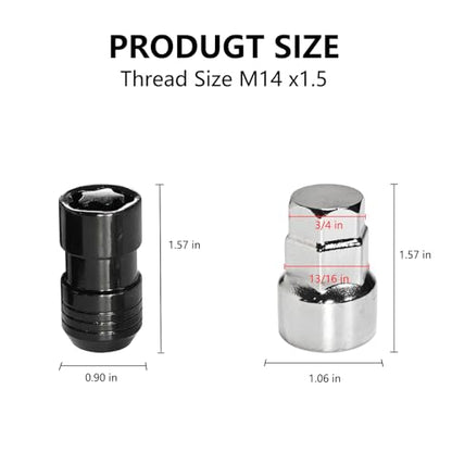 Black Wheel Locks Lug Nuts for Cars (M14X1.5 Thread Size, 1.57 inch Height, 60 Degree Cone Seats) - Set of 4 Locks and 1 Key
