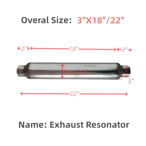 Exhaust Resonator Muffler, 3.0”I.D.X 22” LONG, Material: 100% Stainless Steel 201 (3.0X22”)