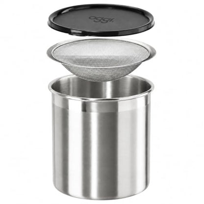 Oggi Stainless Steel Jumbo Grease Container with Removable Strainer and Snug Lid. Perfect container for fryer oil, bacon drippings, lard and ghee oil. Large capacity can - 1 Gall / 4 Qt / 3.75 Lt - size: 4 Quarts