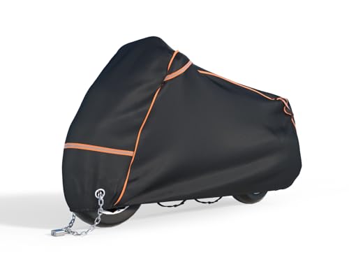 BENVOL 420D Heavy Duty Motorcycle Cover Waterproof Outdoor, 5000mm Rainproof Material Motorbike Cover with 2 Windproof Buckles, Lock Holes & Wide Reflective Strips, Anti-UV Sun Dust Protection - color: Black-XXXL(104*51*51)
