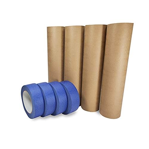 IDL Packaging Masking Paper and Tape Set -18" x 60 Yards Brown Masking Paper (4 Rolls) and 1.41" x 60 Yards Blue Painter’s Tape (4 Rolls) - Masking Kit for Painting and Home Improvements - color: 18"x180', Brown, size: 4 Rolls + Tool