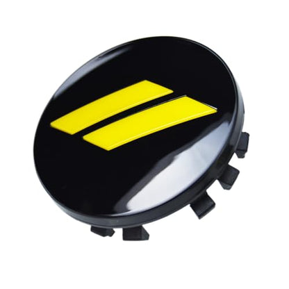 (Set of 4) 63mm=2.5 inches // Slash Wheel Center Cap Covers HubCap Emblem Badge Trim for Dodge Charger Challenger Durango Hornet Dart R/T SRT Magnum Nitro Journey Caliber Avenger - color: yellow // on gloss black cap