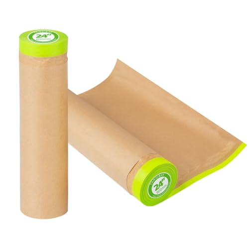 Tangibay Pre-Taped Masking Paper for Painting - 24 inch x 50 feet Tape and Drape Painters Paper, Paint Adhesive Protective Paper Roll for Covering Skirting, Frames, Cars and Auto Body (2 Rolls) - size: 2 Rolls: 24"
