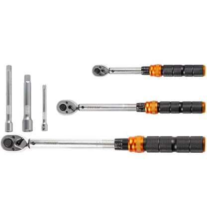 3-Piece Click Torque Wrench Set, 1/4, 3/8 and 1/2 Inch, 2.3-230 Nm | ±3% Accuracy, 20-240 in.lb, 5-45 ft.lb, 10-170 ft.lb, 72-Tooth Ratchets, Cr-V Steel, Extension Bars and Storage Case - size: 1/4" 3/8" 1/2" Drive, 6-Piece Kit