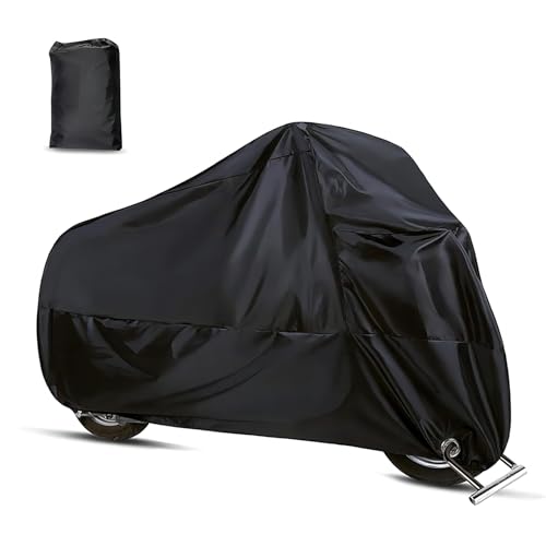 Motorcycle Cover for All Seasons, Full Coverage Waterproof Sun Protection Cover with Storage Bag, Anti-Theft Design Outdoor Protection with Lock-Holes, for Motorcycles (Black)