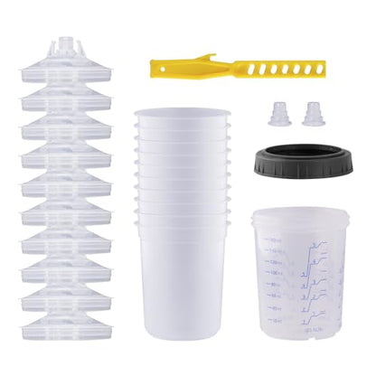 Disposable Paint Sprayer Mixing Cup for Automotive Paint Gun, HVLP Paint Spray Paint Gun 6 Ounce (160ml) Kit with 10 Cups and Lids System, 1 Hard Cup with Retainer Ring and 2 Plugs - size: 6 Ounce Kit