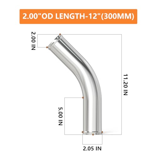 GASHER 1PCS 45 Degree Elbow Aluminum Alloy Tube Intercooler Pipe Air Intake Tube 2"OD, Leg Length 12" (300mm) with Bead Roll - color: 45 degree（With Clamps）, size: 2"OD (1 PC)