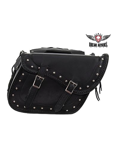 Motorcycle Genuine Leather Waterproof Saddlebag Luggage with Gun Holster inside Brown & Blk Stud/Non Stud (Black, Studed Leather) - color: Black, style: Studed Leather