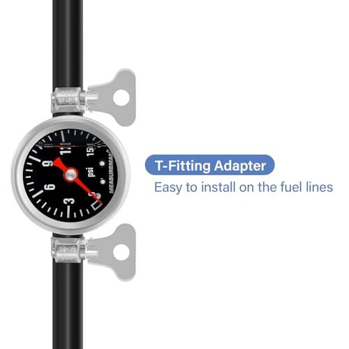 MEASUREMAN Fuel Pressure Gauge Kit 0-15Psi Stainless Steel Glycerin Filled, 1-1/2" Black Dial Size, with 5/16" Fuel Line Fuel Pressure Brass T-Fitting Adapter, Center Back Mount - size: 0-15 psi, style: Back Mount T-Fitting Adapter (Black Dial)