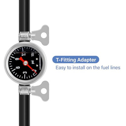MEASUREMAN Fuel Pressure Gauge Kit 0-15Psi Stainless Steel Glycerin Filled, 1-1/2" Black Dial Size, with 5/16" Fuel Line Fuel Pressure Brass T-Fitting Adapter, Center Back Mount - size: 0-15 psi, style: Back Mount T-Fitting Adapter (Black Dial)