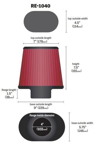 K&N High-Flow Original Lifetime Universal Clamp-On Air Filter: High Performance, Premium, Washable: Flange Diameter: 4 In, Filter Height: 7.5 In, Flange Length: 1.5 In, Shape: Oval Tapered, RE-1040