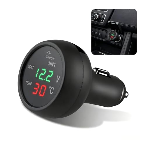 3-in-1 Car USB Power & Voltmeter & Thermometer, Real Time Monitor Gauge with LED Digital Display, Cigarette Lighter Plug and Play Detection Tool, Universal for Cars SUVs Trucks (Black)