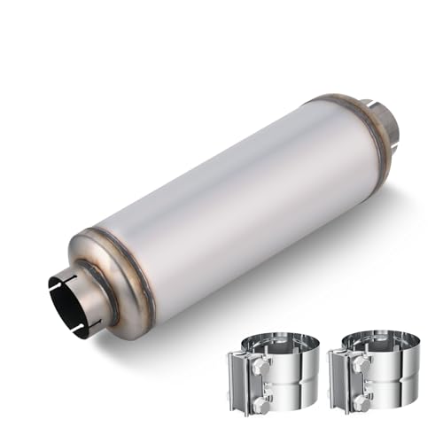 LCGP 4" Inlet Diesel Exhaust Muffler with Clamp, 4'' Inlet & Outlet Universal Resonator, 30'' Overall Length Stainless Steel Mufflers, Straight Through Design, welded On Muffler Resonator - size: 4" Inlet 30" Overall Length(7" wide)
