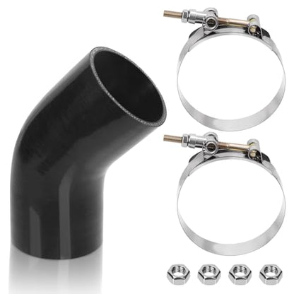 Glarks 7pcs 45 Degree Elbow Coupler Silicone Hose Set Includes 1pcs ID 3in 4-Ply High Performance Coupler Silicone Hose 2pcs 3.3-3.7in T-Bolt Clamp 4pcs M6 Hex Nut