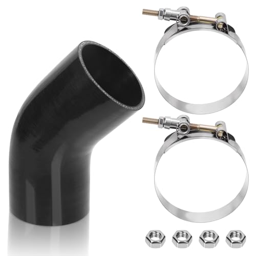 Glarks 7pcs 45 Degree Elbow Coupler Silicone Hose Set Includes 1pcs ID 3in 4-Ply High Performance Coupler Silicone Hose 2pcs 3.3-3.7in T-Bolt Clamp 4pcs M6 Hex Nut