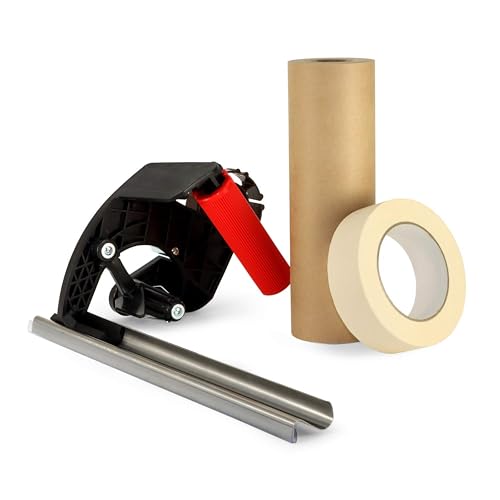 IDL Packaging Masking Kit-9" x 60 Yards Brown Masking Paper (1 Roll) & 1.41" x 60 Yards White Tape (1 Roll) & Masking Paper/Tape Dispenser (Built-in Blade) - size: Pack of 1, style: Masking Kit 9" White