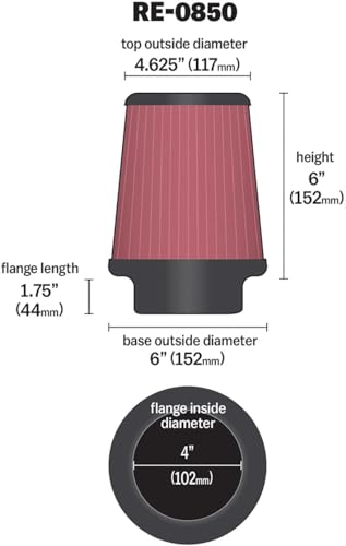 K&N High-Flow Original Lifetime Universal Clamp-On Air Filter: High Performance, Premium, Washable: Flange Diameter: 4 In, Filter Height: 6 In, Flange Length: 1.75 In, Shape: Round Tapered, RE-0850