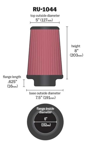 K&N High-Flow Original Lifetime Universal Clamp-On Air Filter: High Performance, Premium, Washable: Flange Diameter: 6 In, Filter Height: 8 In, Flange Length: 0.625 In, Shape: Round Tapered, RU-1044