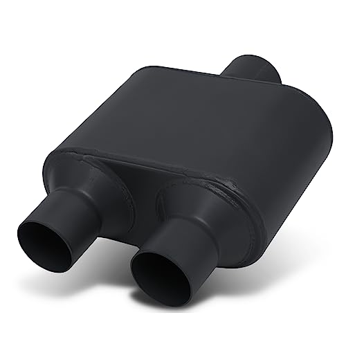 M-AUTO 2.5" Inlet and Outlet Dual Universal Muffler, 12" Overall Length Heavy Duty Stainless Steel Exhaust Muffler Assembly, Black