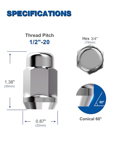 GAsupply 20pcs 1/2x20 Lug Nuts Chrome, 1.38" Tall 3/4" 19mm Hex Cone Seat - color: Silver, size: 1/2"-20, style: 20 Pack