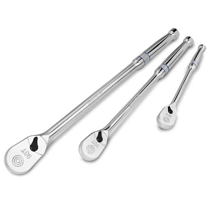 DURATECH 3-Piece Extra Long Drive Ratchet Handle, 90-Tooth Ratchet Wrench - size: 1/4", 3/8", 1/2" Combo Kit