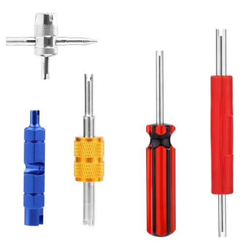 5 Pcs Tire Valve Repair Tool Set, Dual & Single Head Valve Core Remover Wrench 4 Way Stem Puller Stem Core Wrench Installation Removal Tool for All Standard Schrader Valves Cars Trucks Motorcycle