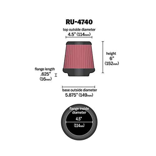 K&N High-Flow Original Lifetime Universal Clamp-On Air Filter: High Performance, Premium, Washable: Flange Diameter: 4.5 In, Filter Height: 6 In, Flange Length: 0.625 In, Shape: Round Tapered, RU-4740