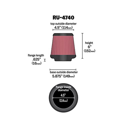 K&N High-Flow Original Lifetime Universal Clamp-On Air Filter: High Performance, Premium, Washable: Flange Diameter: 4.5 In, Filter Height: 6 In, Flange Length: 0.625 In, Shape: Round Tapered, RU-4740
