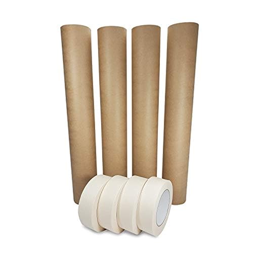 IDL Packaging Masking Paper Set: 18" x 60 Yards Brown Masking Paper (4 Rolls) + 1.41" x 60 Yards White Tape (4 Rolls) - Masking Kit for Painting Projects and Home Improvements - Surface Protection - size: Brown 18" X 60 Yards, style: SET White, Pack of 4