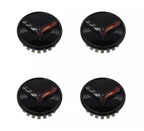 4Pc 2014+ C7 Corvette Stingray Center Caps w/Crossed Flag Logo Trim Set 23217059 (Black) - color: Black