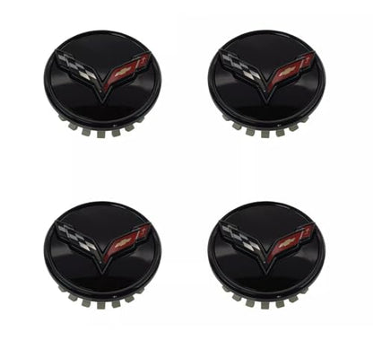 4Pc 2014+ C7 Corvette Stingray Center Caps w/Crossed Flag Logo Trim Set 23217059 (Black) - color: Black