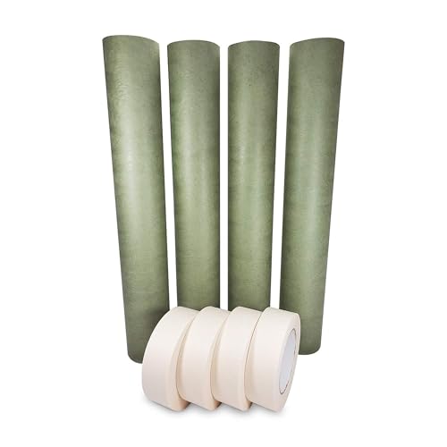 IDL Packaging Premium Masking Kit - 18" x 60 Yards Green Masking Paper (4 Rolls) and 1.41" x 60 Yards White Tape (4 Rolls) - Masking Set to Protect Surfaces - Great for Automotive Industry - size: Green 18" X 60 Yards, style: SET White, Pack of 4