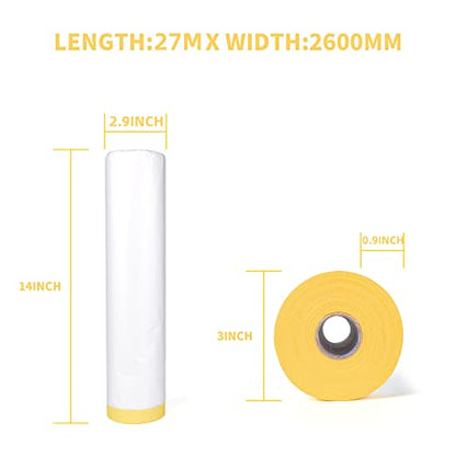 TAPEBEAR Pre-Taped Masking Film, Tape and Drape 9feet x 90feet 3Rolls - size: 2600mm x 27m