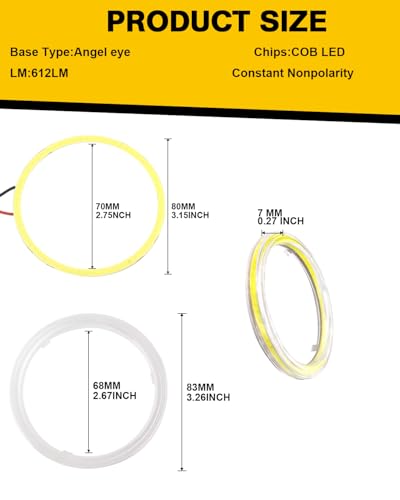 Qasim 2 Pcs White 80MM Car Angel Eyes Halo Rings COB Light Circle Ring LED Fog Light Bulbs DRL Lamp with Plastic Cover 12V 24V - size: 80MM-white