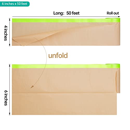 Tangibay Pre-Taped Masking Paper for Painting - 6 inch x 50 feet Tape and Drape Painters Paper, Paint Adhesive Protective Paper Roll for Covering Skirting, Frames, Cars and Auto Body (2 Rolls)