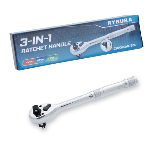 3-IN-1 Ratchet Handle,1/4",3/8",1/2" Drive Ratchet Wrench,72-Tooth Reversible Switch,Full-Polished Chrome Plating,Chromium Vanadium Steel,3/8 Pole