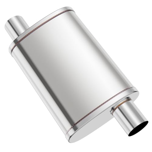 2.5 inch Universal Mufflers Single Chamber, 2.5” Offset In /2.5” Offset Out, 20" Overall Length Straight-Through Mild Steel Performance Muffler, Suitable for Cars and Trucks(2.5''Inlet/Outlet) - color: Offset In / Offset Out, size: 2.5''