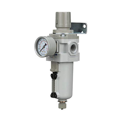 PneumaticPlus SAW400-N04BG-MEP Compressed Air Filter Regulator Piggyback Combo 1/2" NPT - Metal Bowl, Manual Drain, Bracket, Gauge - style: Metal Bowl - Manual Drain