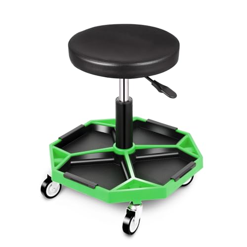 DNA Motoring Adjustable Height Pneumatic Garage Seat Rolling Mechanic Stool with Tool Tray Storage,300lbs Max Weight Capacity, Green, TOOLS-00480-GR - color: Green