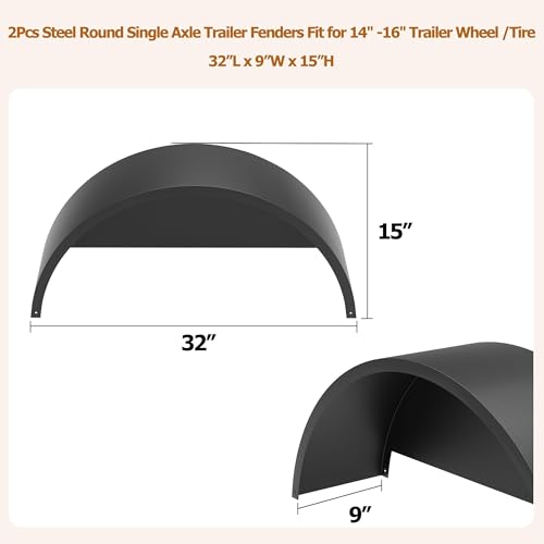 Heavy-Duty Steel Single Axle Trailer Fenders with Backing Plates, 2-Pack – Fits 14"-16" Wheels, 32"x9"x15" – Robust Replacement for Car Hauler, Cargo, Utility & Landscape Trailers, Black