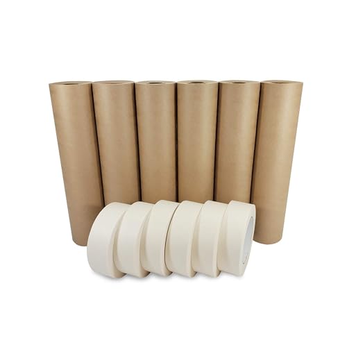 IDL Packaging 12" x 60 Yards Brown Masking Paper Set with Tape (6 Rolls) - size: 12" X 60 Yards, style: SET White, Pack of 6