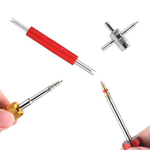 Tire Valve Repair Tool Set, 4pcs Valve Stem Core Wrench Removal Tools & 10pcs Copper Valve Cores & 10pcs Copper Nickel Plated Valve Cores Remover Accessories Kit for All Standard Valves Cars Trucks