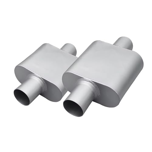 2.25" ID Center/Center Single Chamber Muffler Pair - Aggressive Deep Sound, Aluminized Steel, Welded/Clamp-On (13" Total Length) - size: 2.25 Inch-Silver