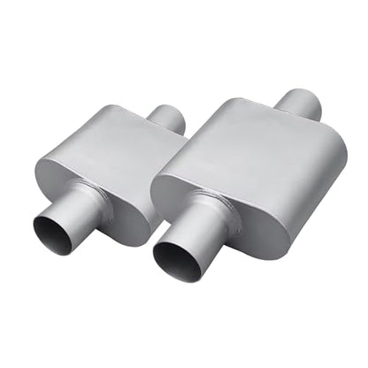 2.25" ID Center/Center Single Chamber Muffler Pair - Aggressive Deep Sound, Aluminized Steel, Welded/Clamp-On (13" Total Length) - size: 2.25 Inch-Silver